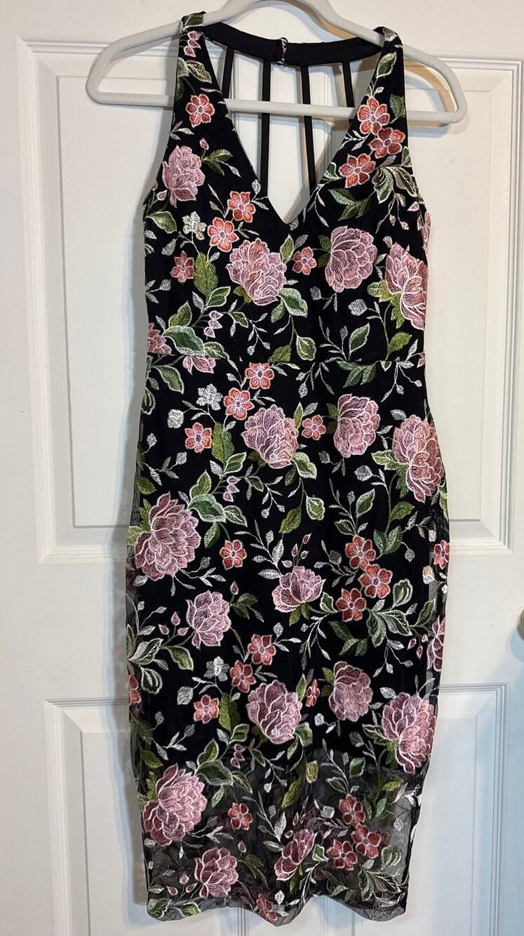 GUESS Embroidered Mesh Cage Back Dress Sheath Floral Pink Black Midi Size 2